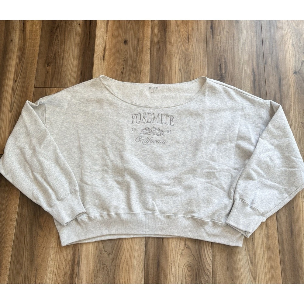 Hollister Cropped Sweatshirt Women's Large Gray Yosemite Embroidered EUC